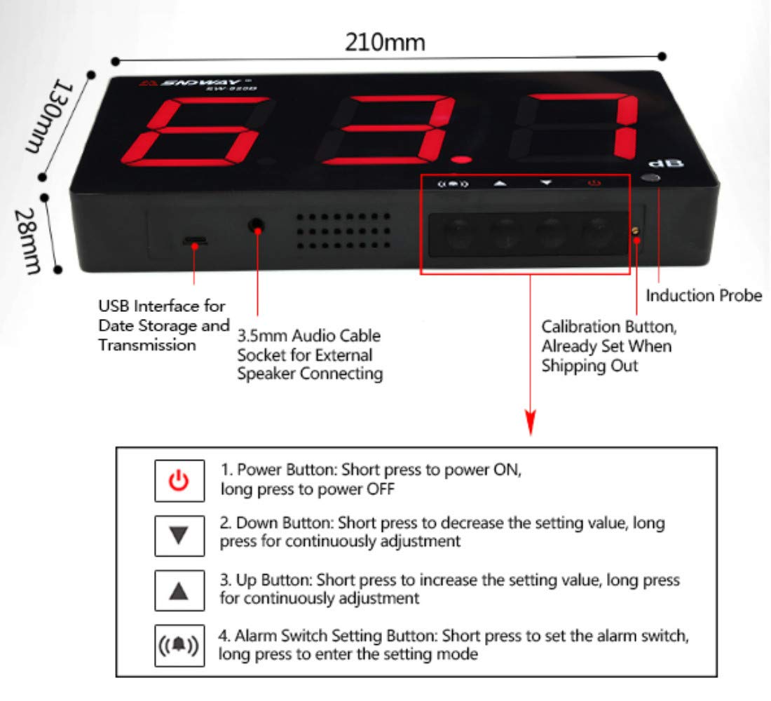 Geluidsniveaumeter, LCD-decibelmeter, ruismeting, 30 tot 130 dB, USB-wandopknoping, met datalogger en alarm, voor binnen- en buiten gebruik