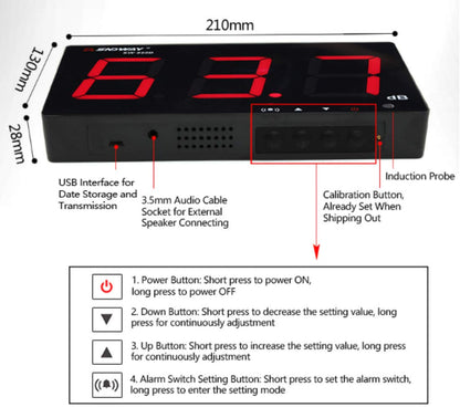 Geluidsniveaumeter, LCD-decibelmeter, ruismeting, 30 tot 130 dB, USB-wandopknoping, met datalogger en alarm, voor binnen- en buiten gebruik