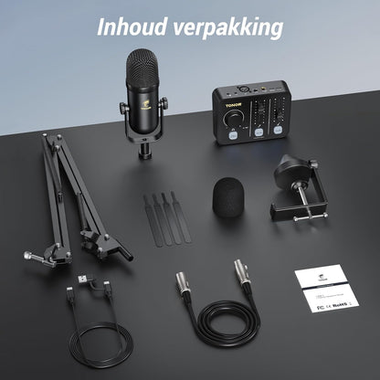 TONOR Podcast-Apparatuurpakket, Mixer met Dynamische Microfoon en Microfoonarm, XLR-Microfoon met Studio-Audio-Interface, Microfoonarm, Alles-in-één Pakket voor Opnemen, Streamen, POD-1