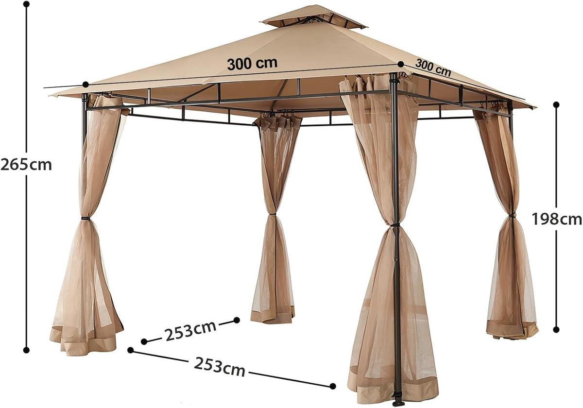 Sekey Paviljoen 3 x 3 cm, waterdicht, stabiel, winterbestendig, met 4 muggennetten, voor tuin, binnenplaats, terras, partytent, tuintent voor festivals, evenementen, feesten, picknick, kaki