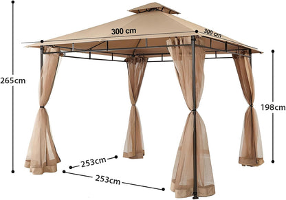 Sekey Paviljoen 3 x 3 cm, waterdicht, stabiel, winterbestendig, met 4 muggennetten, voor tuin, binnenplaats, terras, partytent, tuintent voor festivals, evenementen, feesten, picknick, kaki