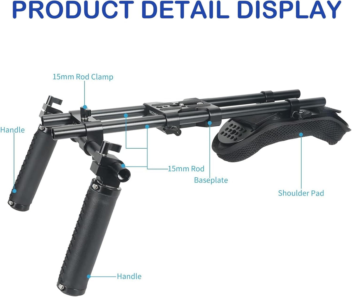 NICEYRIG Camera Schouder Rig met 15mm Schouderpad Ondersteuningssysteem voor DSLR Camera Cinema Camcorder, Mount Rig met Basisplaat, Aluminium 15mm Rod, Handvat Set - 435