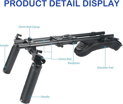NICEYRIG Camera Schouder Rig met 15mm Schouderpad Ondersteuningssysteem voor DSLR Camera Cinema Camcorder, Mount Rig met Basisplaat, Aluminium 15mm Rod, Handvat Set - 435