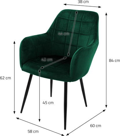 ML-Design Dining Chairs Set of 2 Dining Chairs with Backrest and Armrests, Dark Green,Velvet Seat,Upholstered,Black Metal Legs,Kitchen Chair Living Room Chair Upholstered Chair Recliner