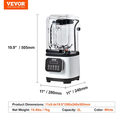 VEVOR Blender voor koude dranken, tafelmixer in glazen blik met bord inhoud ca. 2 l, mixer nominaal vermogen 1400 W roestvrij staal 5 functies voor bevroren dranken, smoothie, wit