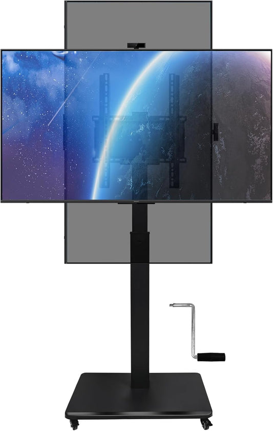 Rollende tv-standaard met handzwengellift, mobiele tv-kar voor 42-75 inch tv's, portret naar landschap, vrije hoogte verstelbaar voor maximaal 110 lbs, Max VESA 600 x 500 mm (42-75 inch tv's)