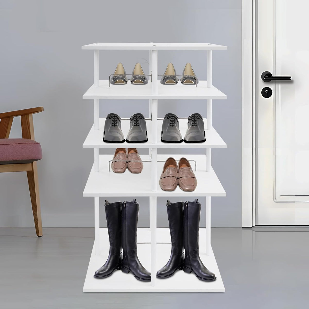 360° Floor Stand Rotating Shoe Organizer, Shoe Rack, Rotating Shoe Rack, Multi-layer Shoe Stand, Swivel for Placement, Shoes, Hats, Handbags etc. (4 Floors, White) - QUORE