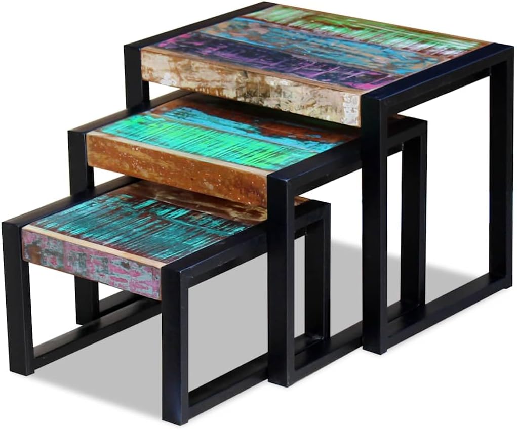 vidaXL 3x Side Table Solid Recycled Wood and Steel Frame Side Table