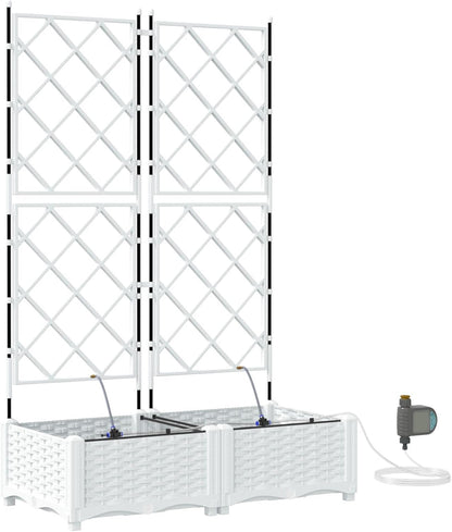 Set of 2 Flower Box with Irrigation System White with Adjustable Trellis for Climbing Plants, Modern Flower Box Made of Synthetic Rattan for Balcony, Garden, Indoor and Outdoor Use - QUORE