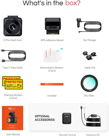 VANTRUE E1 Pro 4K Mini Dash Cam Voorkant, STARVIS 2 Plate Pix™ HDR Nachtzicht Autocamera, Ingebouwde 5G WiFi GPS, 1,54'' scherm, LTE-ondersteuning, Spraakbesturing, 24H Gebufferde Parkeermodus, On