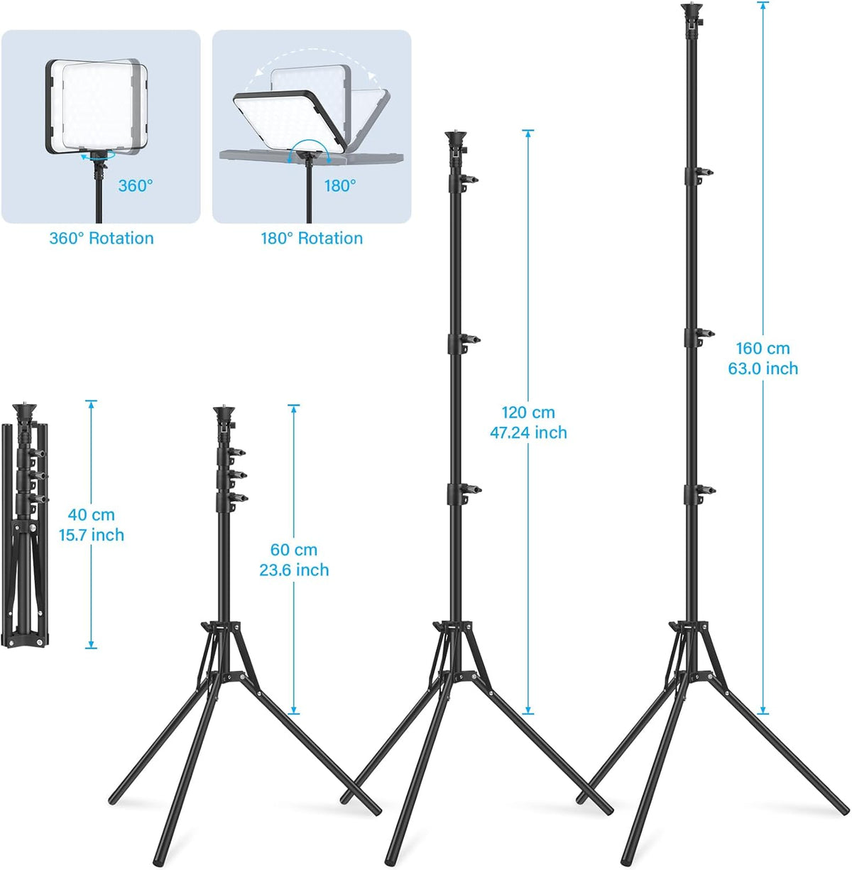 LED-Videolamp Set 3-Pack – Videolamp – Lichtpaneel – Studiolamp – Fotolamp – Kleurtemperatuur 2500K Tot 8500K – 360° Draaibare Uitschuifbare Statiefstandaard Tot 160 Cm