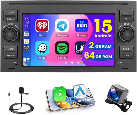 Hikity [2+64G+Zwart]radio voor Ford Transit Focus Fusion Fiesta Mondeo Kuga Galaxy C-Max S-Max, draadloze Carplay Android Auto, touchscreen autoradio met GPS WiFi achteruitrijcamera