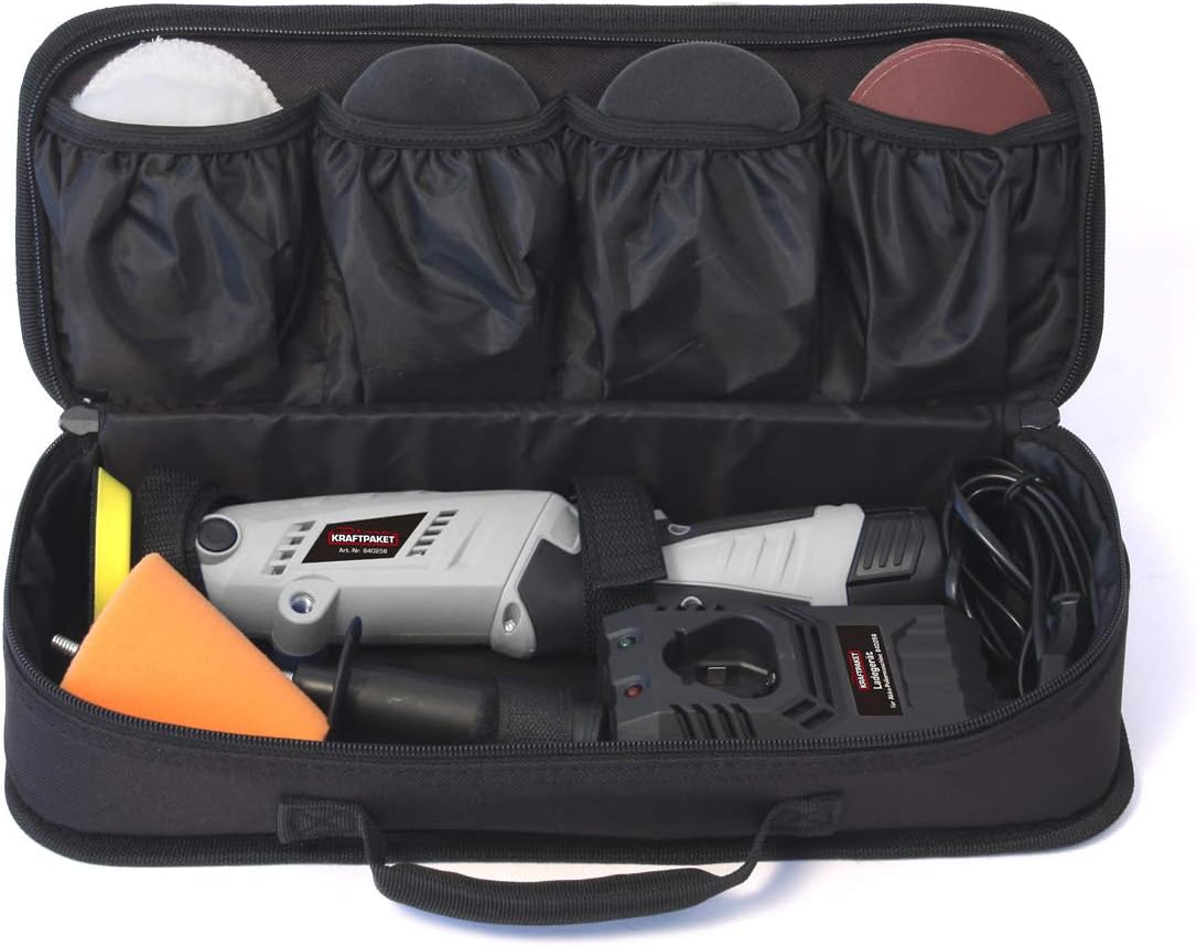 Dino KRAFTPAKET 640256 10,8 V accu polijstmachine multiplex 75 mm schijf 600-3.000 omw/min met draaibare behuizing voor staaf- of pistoolvorm. Complete set met pads polijstschijf snellader, tas, grijs