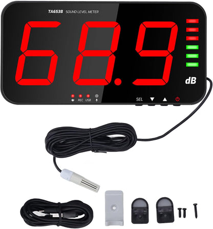 Geluidsniveaumeter, 13 inch scherm Realtime Decibelwaarden Alarmmelding Niveau weergavebalk Decibelmeter Meerdere koelpoorten Muur Opknoping Geluidsmeter voor Klaslokaal, Huis