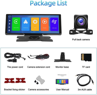 Podofo 9,3 inch draagbare autoradio 2,5K dubbele dashcam met draadloos Apple Carplay Android-autoscherm, 7-32V touchscreen met stemassistent/Bluetooth/FM-zender/AUX / 32G TF-kaart