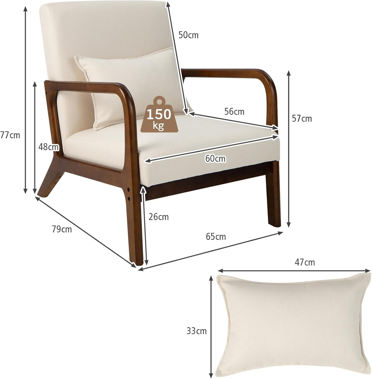 FANTASK Fauteuil, moderne eenpersoonsbank van hout met armleuningen, loungestoel bekleed voor woonkamer, slaapkamer, 65 x 79 x 77 cm, beige
