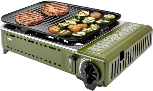 Amig - Camping gas - Portable stove - Grill - Cast aluminium grill - With grease tray made of stainless steel - Power: 1.8 kW - Suitable for B-250 gas cartridges - QUORE