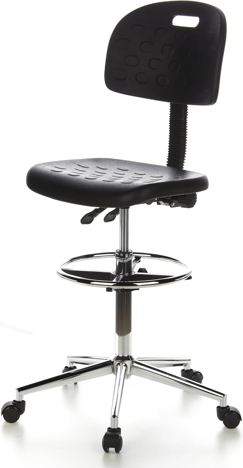 hjh OFFICE TOP Work 23 665060 Werkstoel van hardschuim, zwart/chroom, met rugleuning en wielen, in hoogte verstelbaar