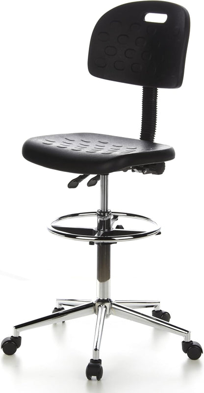 hjh OFFICE TOP Work 23 665060 Werkstoel van hardschuim, zwart/chroom, met rugleuning en wielen, in hoogte verstelbaar