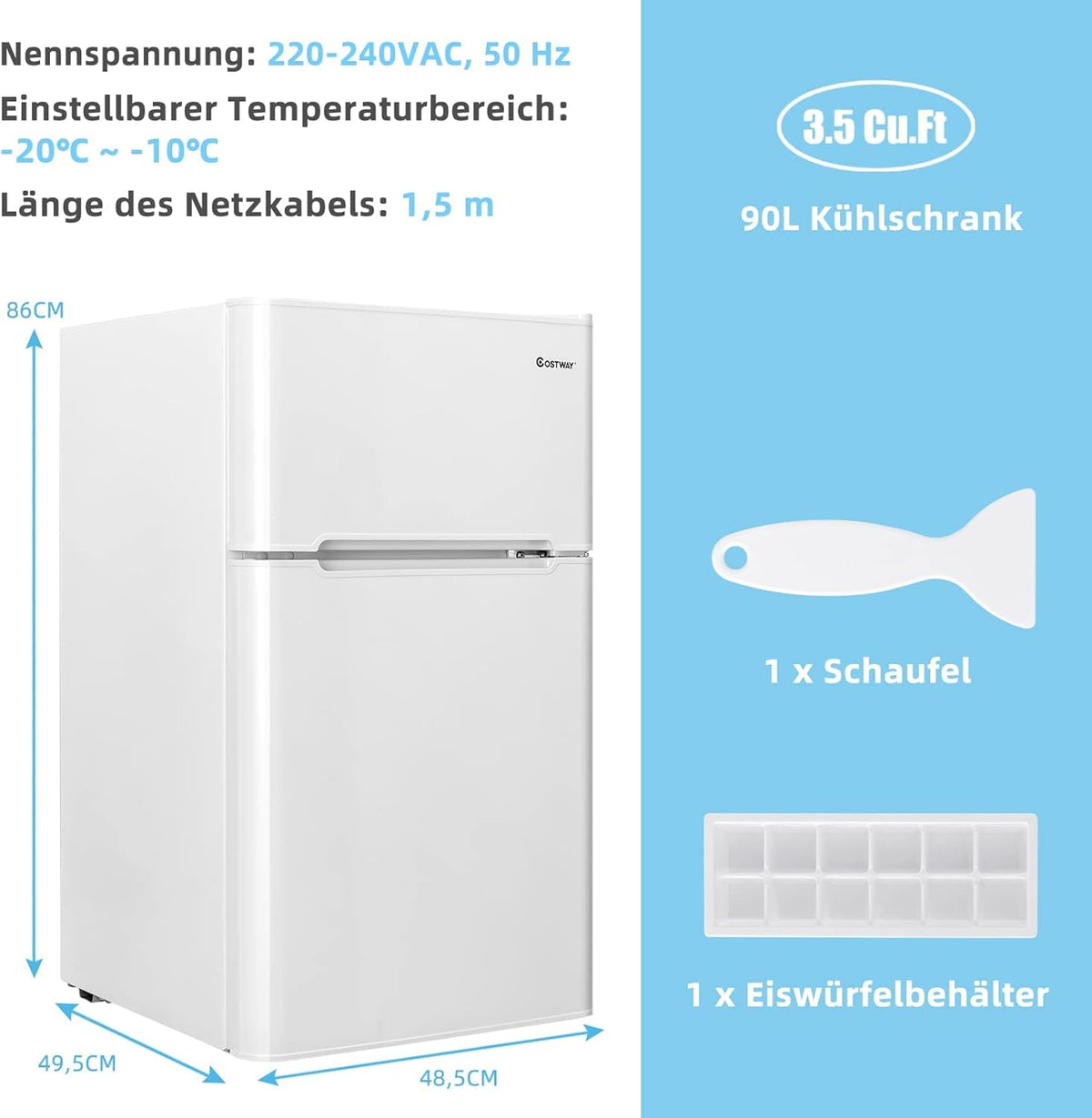 FANTASK 90 l refrigerator with 27 l freezer compartment, fridge-freezer, standalone refrigerator, freezer, mini fridge (white) [energy class E] - QUORE