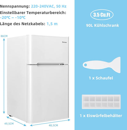 FANTASK 90 l refrigerator with 27 l freezer compartment, fridge-freezer, standalone refrigerator, freezer, mini fridge (white) [energy class E] - QUORE