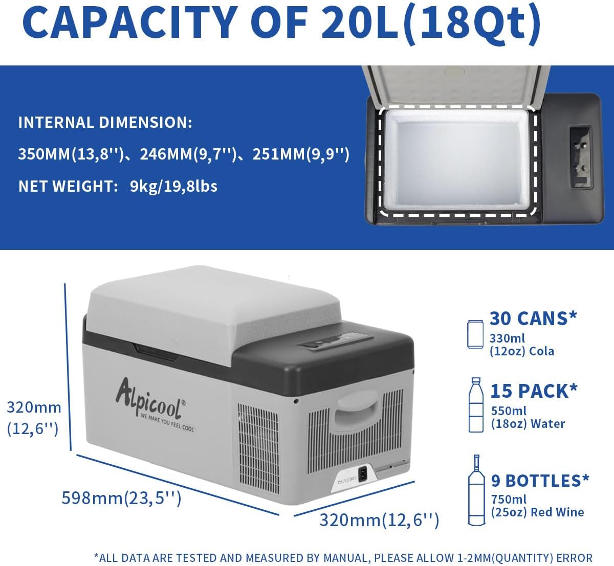 Alpicool C20 20L Koelkast Auto Elektrische mini-koelkast 12/24V Draagbaar voor auto, vrachtwagen of boot, -20℃- 20℃