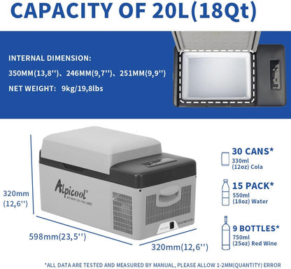 Alpicool C20 20L Koelkast Auto Elektrische mini-koelkast 12/24V Draagbaar voor auto, vrachtwagen of boot, -20℃- 20℃