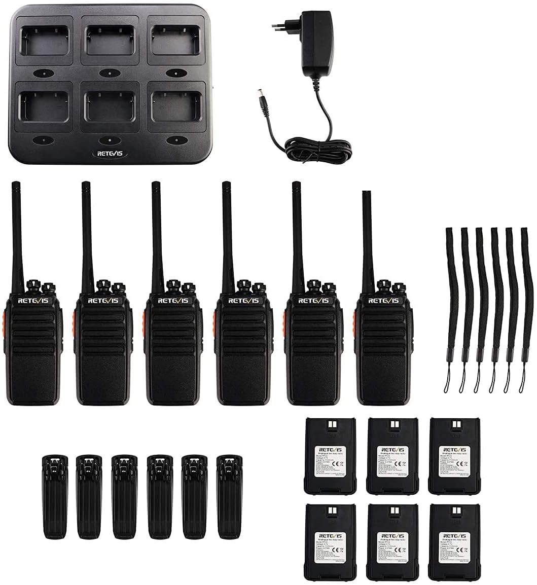 Retevis RT24 Portofoons PMR446 Vergunningsvrije 16 Kanalen CTCSS/DCS VOX Oplaadbare Walkie Talkies (6 Stuks) met 6-weg Lader (1 Stuk)