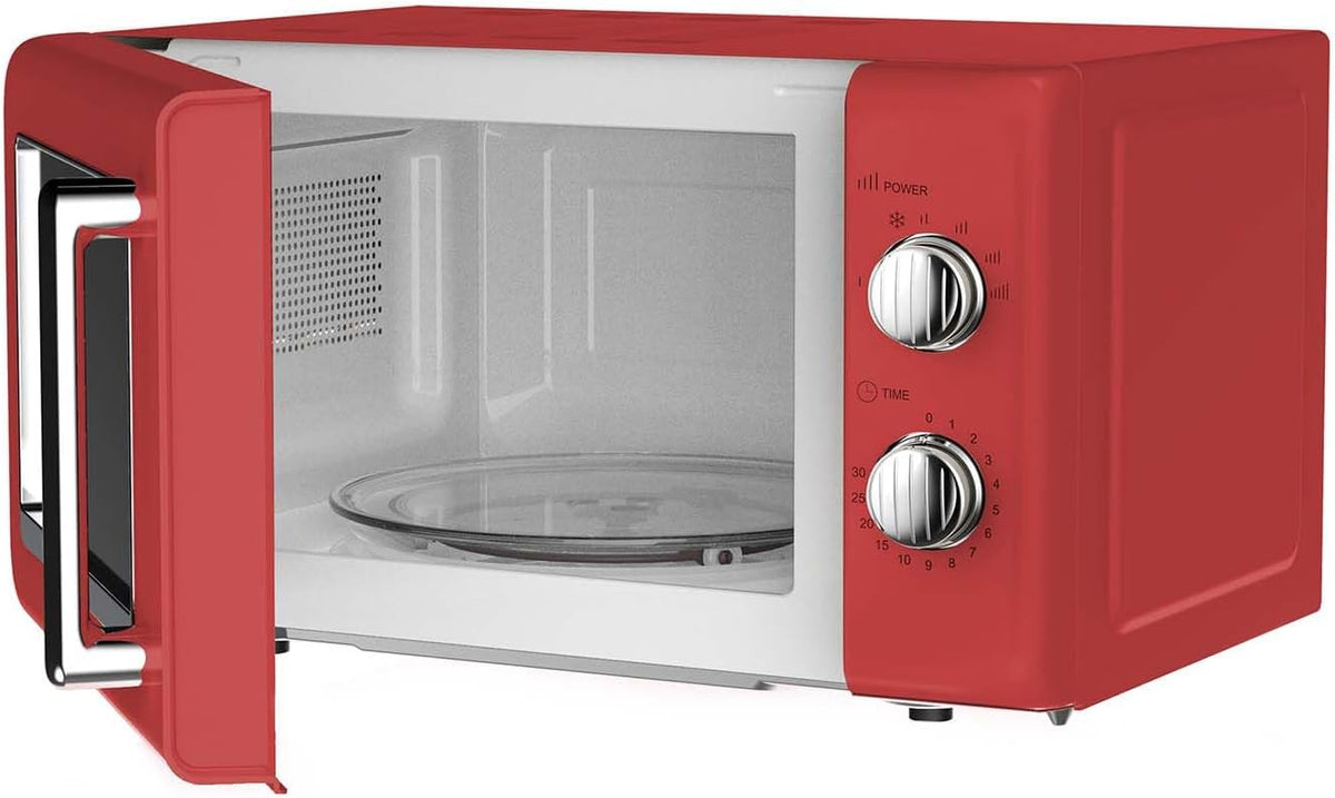 Retro Magnetron – Compacte Magnetron – Vintage Magnetron – Keuken Magnetron – Elektrische Magnetron – 20 Liter Inhoud – 700 Watt Vermogen – 6 Stands – Timer Met Eindsignaal – Rood Met Verchroomde Knoppen