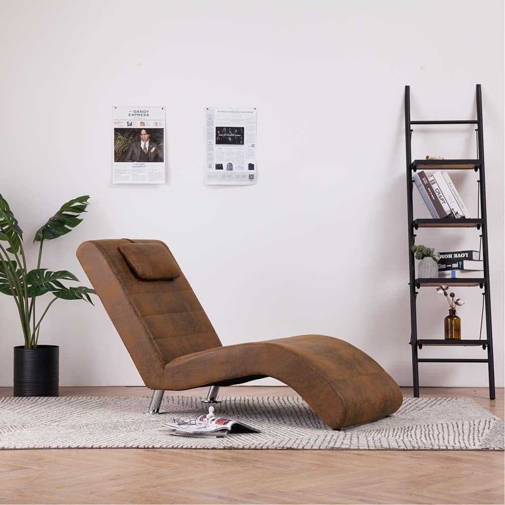 Relax Chair with Cushion, Chaise Lounge with Galvanised Steel Legs, Relax Chair for Living Room, Modern Recamiere with Polyester Chaise Lounge, Brown Suede Look - QUORE