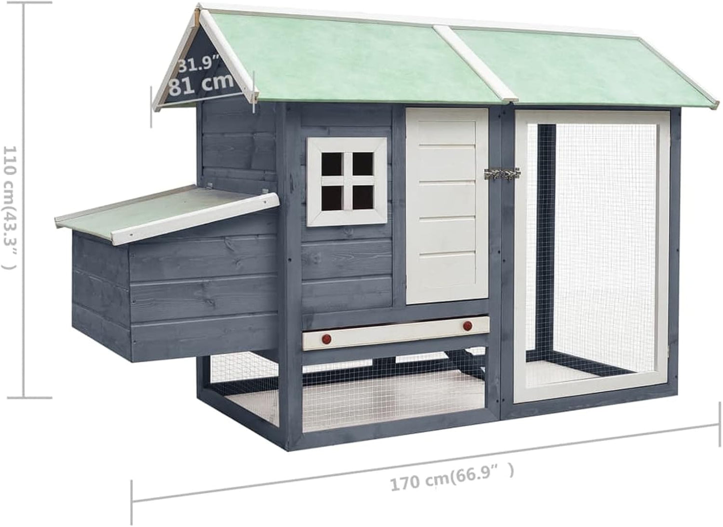Kippenhok – Kippenkooi – Pluimveeverblijf – Kippenren – Konijnenhok – Stevig Houten Frame – Uitschuifbare Lade – Ventilatiegaas – Waterbestendig Dak – 170x81x110 cm