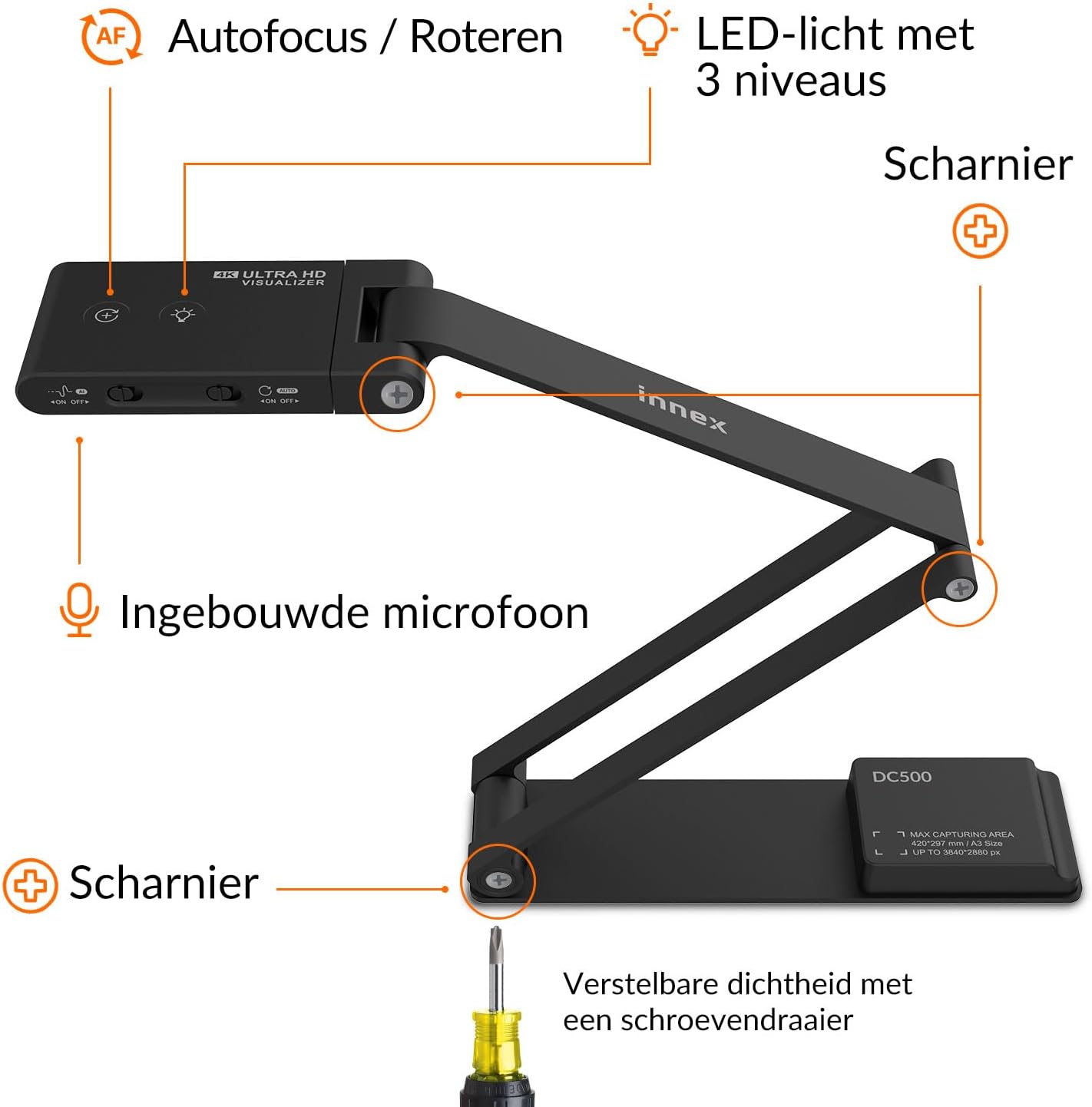 Innex DC500 13MP 4K USB Document Camera, Webcam and Scanner, 3-in-1, 13MP, Noise Cancelling Microphone, Dual Auto Focus, Auto Flip, Built-in LED Bulb, OCR, Win, Mac, Chromebook