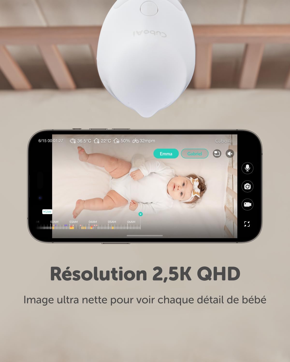 CuboAi 2025 Nieuw Model Slimme Babyfoon 3: Slaapveiligheidsmeldingen voor Bedekt Gezicht & Omrollen, 2.5K QHD Nachtzicht Camera, 2-Way Audio, Vochtigheidssensor, Slaapliedjes (Wandbevestiging Set)