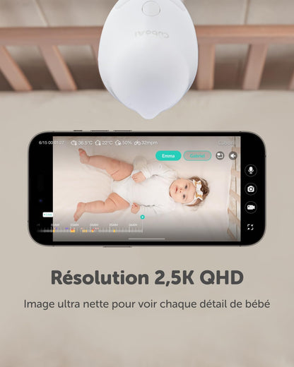 CuboAi 2025 Nieuw Model Slimme Babyfoon 3: Slaapveiligheidsmeldingen voor Bedekt Gezicht & Omrollen, 2.5K QHD Nachtzicht Camera, 2-Way Audio, Vochtigheidssensor, Slaapliedjes (Wandbevestiging Set)