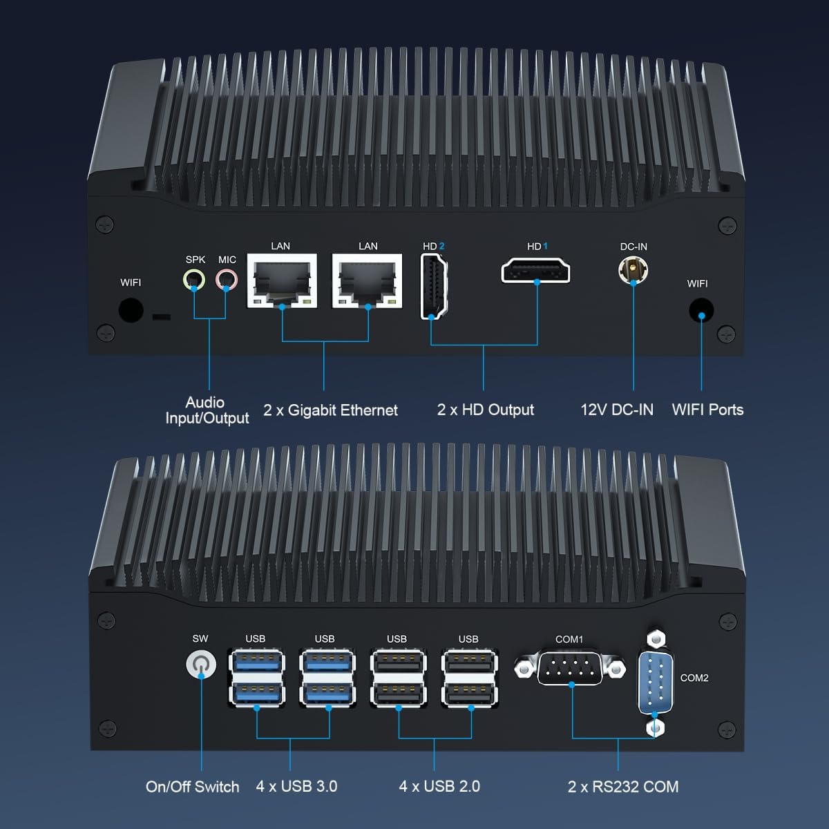 WEIDIAN Mini PC Fanless Industrial Win 11 Pro Core i5 8350U Mini Desktop Computer 8GB RAM 256GB SSD 4K 2xHD, 2xRS232 COM, 2xGigabit Ethernet, 8xUSB VESA Office Small PC Auto Power On Wake on LAN - QUORE