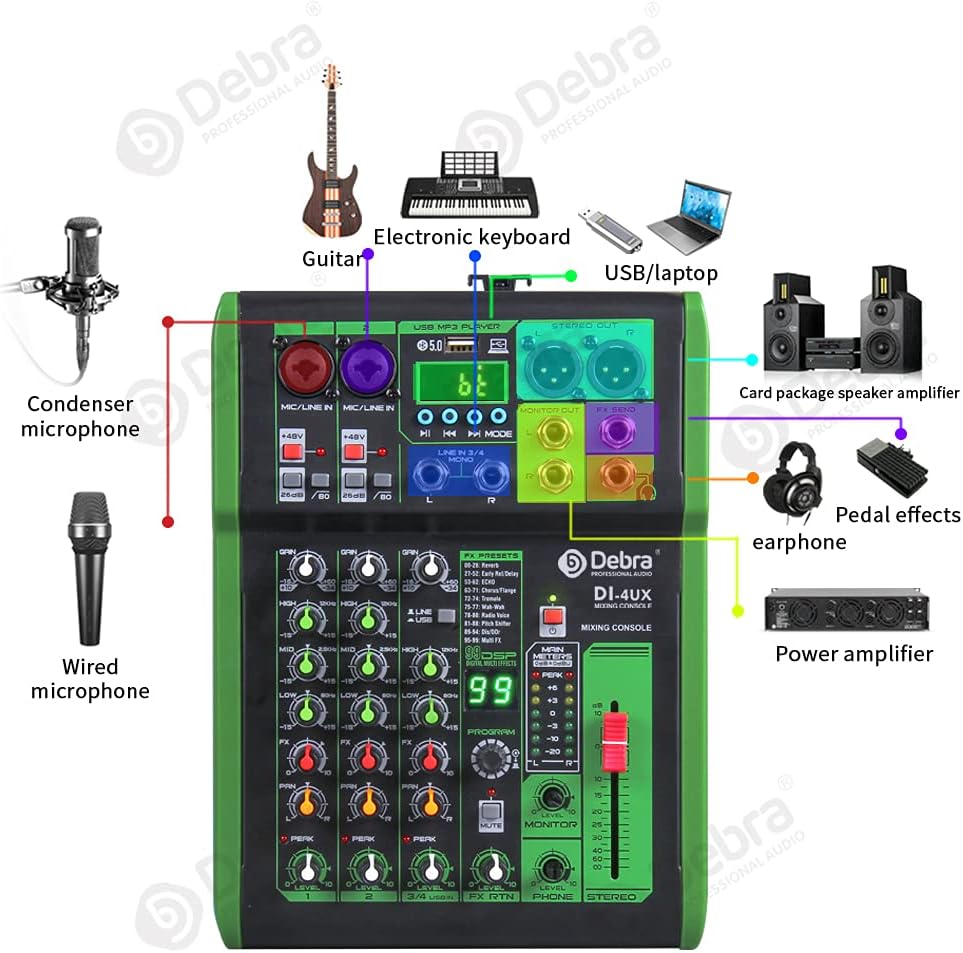 D Debra 4-Kanaals DJ Mixer, 99 DSP Effecten, USB/MP3 Ingang, 48V Fantoomvoeding, Ideaal voor DJ, Karaoke, Studio