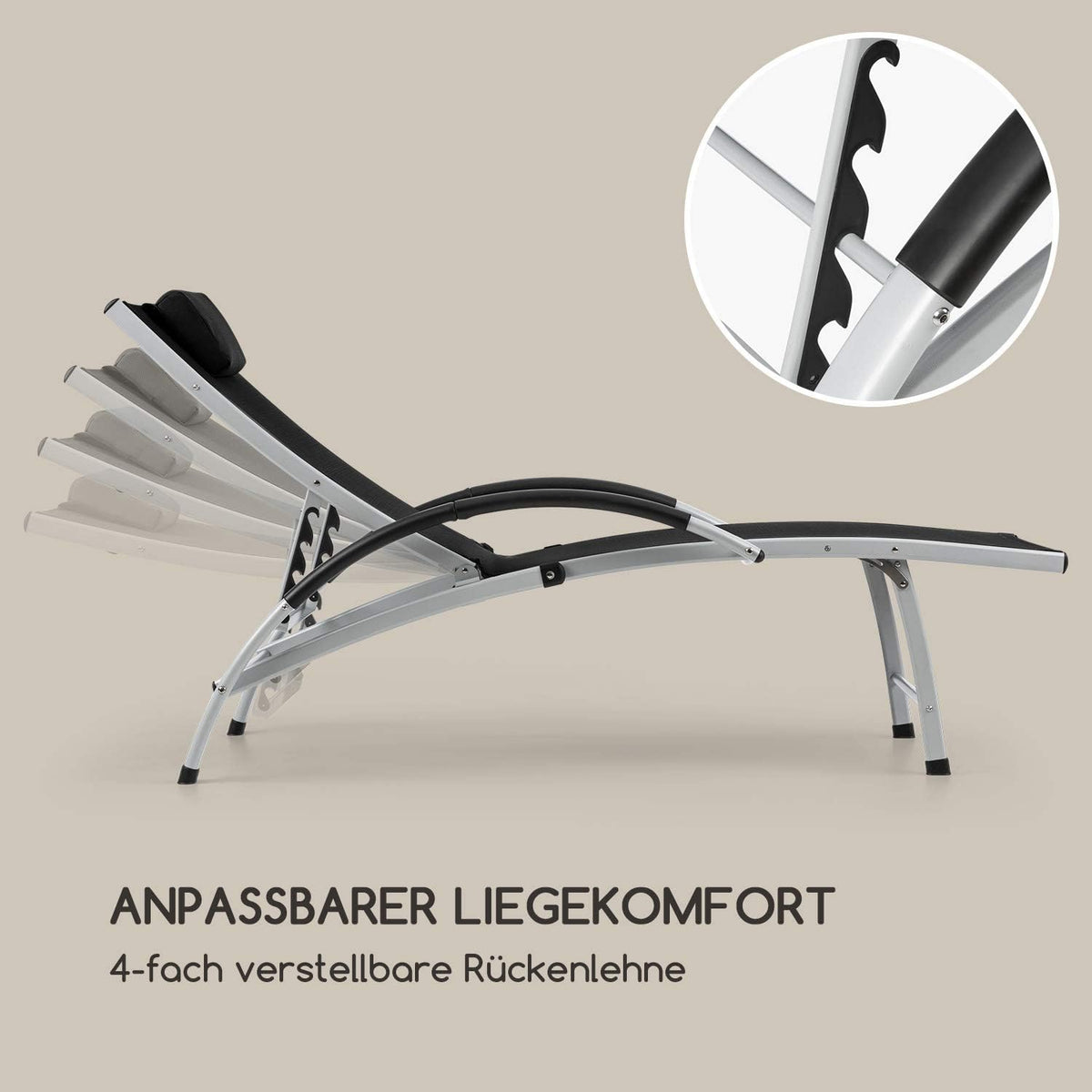 blumfeldt Sun Valley ligbed met kussen - opvouwbaar, aluminium frame, 4-voudig verstelbare rugleuning, Sun Comfort, materiaal: 70% PVC en 30% polyester comfort mesh, zwart