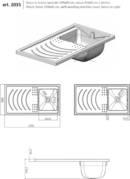 Negrari Wasmachineafdekking met wastafel 9008 KAM van hars, badkuip van zuurbestendig PP, binnen/buiten, wit, 109 x 60 x 89