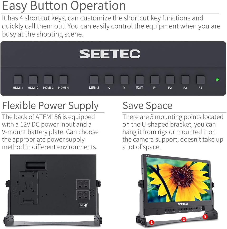 SEETEC ATEM156 15.6 Inch Live Streaming Broadcast Director Monitor with HD 1920x1080 IPS,Rec.709 Color Gamut,4 HDMI Input Quad Split Display for Studio Television Production - QUORE