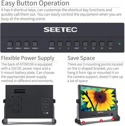 SEETEC ATEM156 15.6 Inch Live Streaming Broadcast Director Monitor with HD 1920x1080 IPS,Rec.709 Color Gamut,4 HDMI Input Quad Split Display for Studio Television Production - QUORE