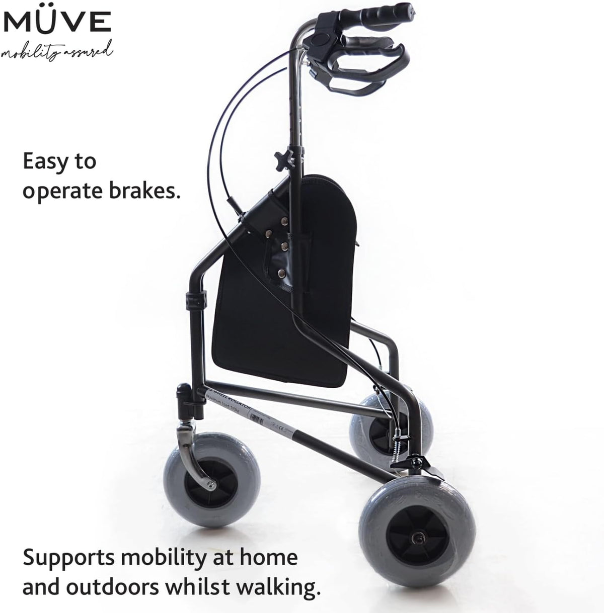 Muve 3-wielige rollator - opvouwbaar, lichtgewicht, met ingebouwde tas, ideaal voor mobiliteitsondersteuning voor ouderen en mensen met een handicap