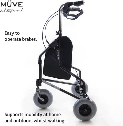 Muve 3-wielige rollator - opvouwbaar, lichtgewicht, met ingebouwde tas, ideaal voor mobiliteitsondersteuning voor ouderen en mensen met een handicap