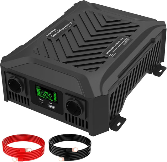 Omvormer 12V/24V – Spanningsomzetter – Stroomomzetter – Inverter – Dual Voltage Converter – 1200W/2300W Vermogen – Pure Sinusgolf Output – USB & Type-C Aansluitingen