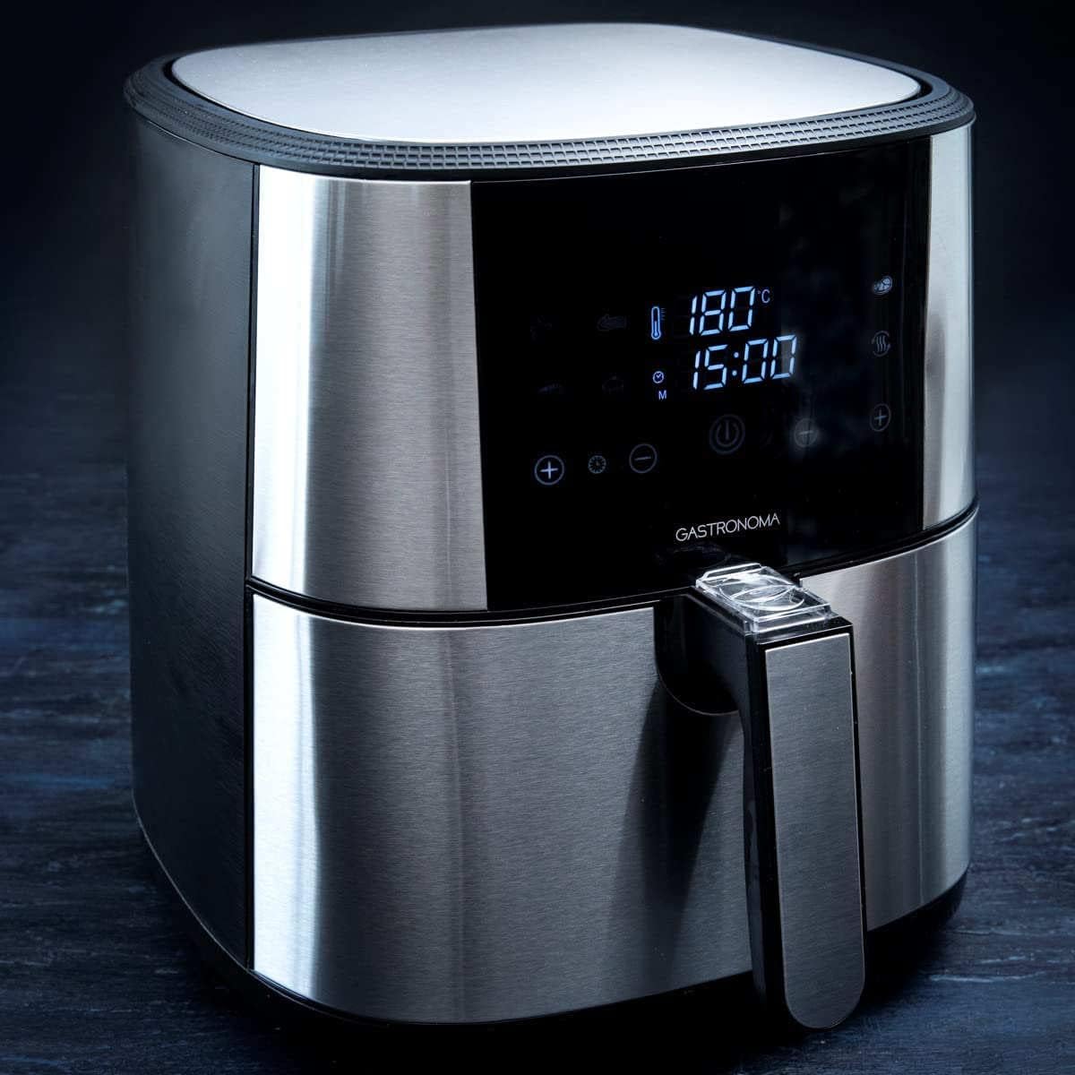 Gastronoma 18290002 Heteluchtfriteuse, 6 liter, XXL, van roestvrij staal, met digitaal led-display, 8 programma's, 1800 watt, heteluchtfriteuse, zonder olie, roestvrij staal, zwart
