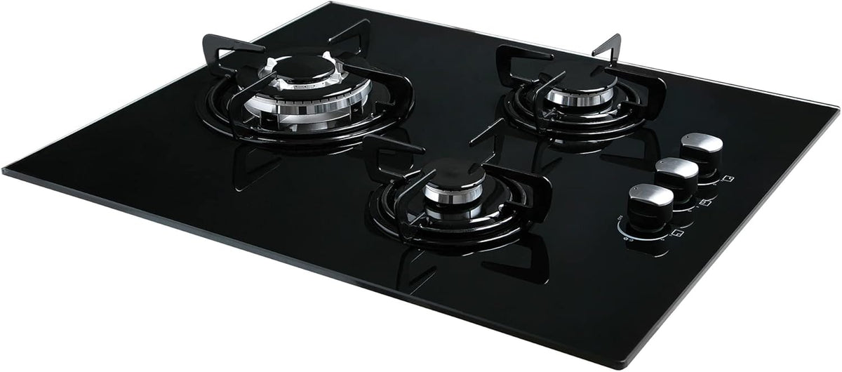 Gaskookplaat – Gasfornuis – Kookplaat – Kooktoestel – Butaangaskookplaat – 3 Pitten – 59 cm Breedte – Zwart Glasoppervlak – Elektronische Ontsteking