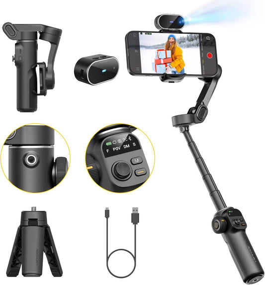 AOCHUAN Gimbal Stabilisator voor iPhone met AI-tracking-sensor, tilt je filmopnames op met 7,8 inch verlengstang, iPhone-gimbal met 8.0 stabiliteit voor sportopnames, Smart X2 AI zwart