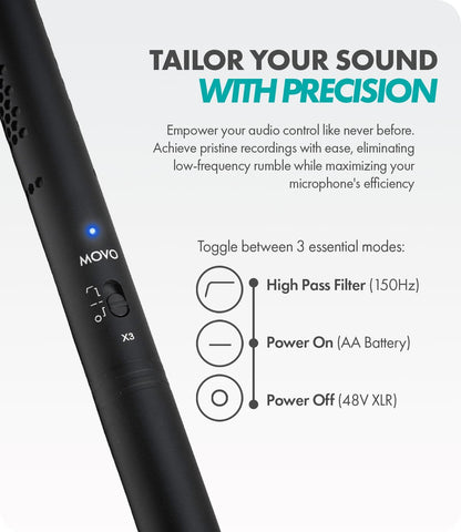 Movo X3-II 11" XLR Shotgun Microfoon voor Camera - Supercardioïde Condensator Shotgun Mic voor DSLR, Content Creatie, Video en Filmmaken - Directionele Boom Mic met Rycote Shockmount, Grip