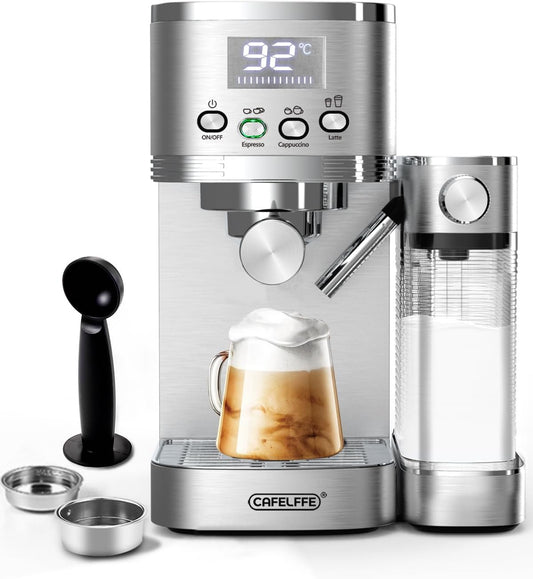CAFELFFE 6-in-1 espressomachine, filterhouder met melkreservoir, automatische cappuccinomachine met zelfreiniging en 3 temperatuuropties, 1,3 liter roestvrij staal