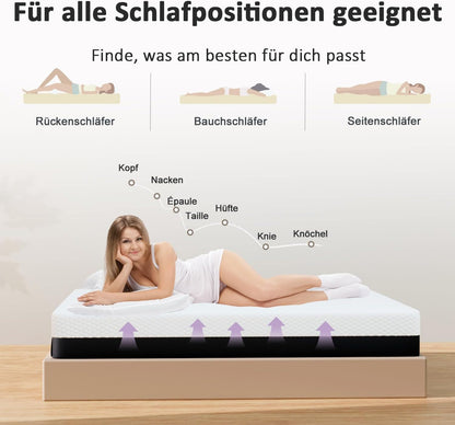 Matras van traagschuim, 160 x 200 cm, tweepersoonsmatras, hoogte 20 cm, koudschuim en visco-elastisch schuim, hardheidsgraad H2 en H3, 7 comfortzones (160 x 200 x 20 cm)