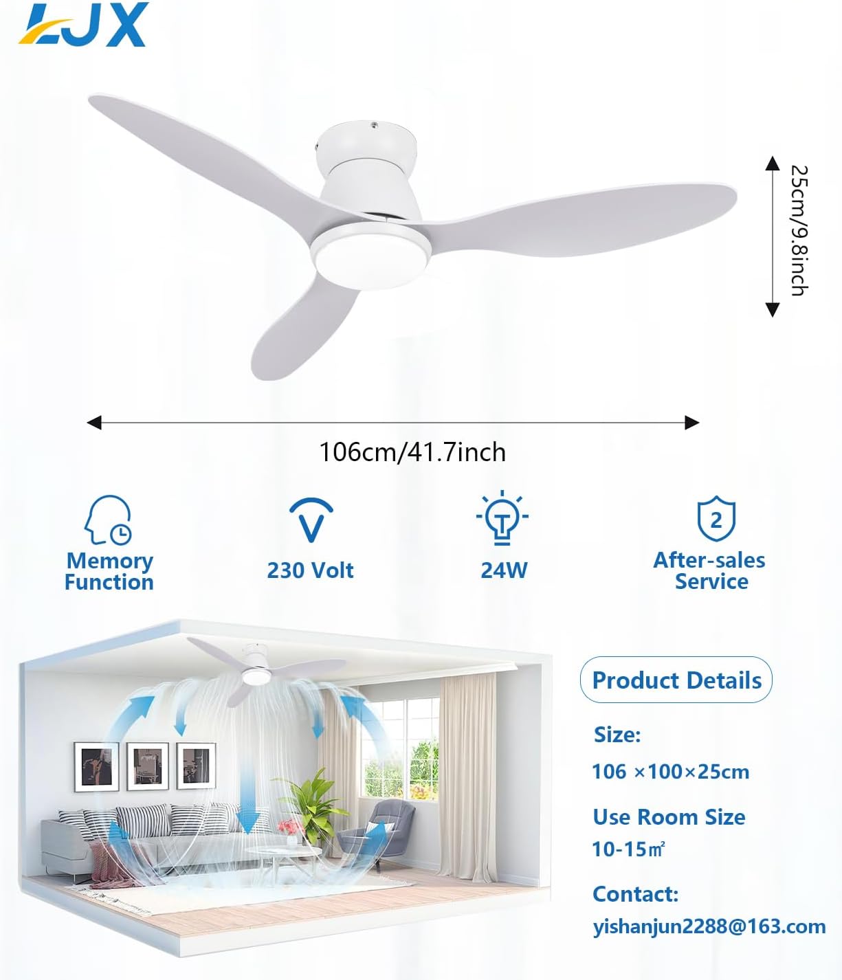 LJX Plafondventilator met intelligent licht, compatibel met Alexa, kroonluchter, ventilator, 106 cm, wit, ultrastil, DC, 6 snelheden, omkeerbaar, voor slaapkamer, woonkamer